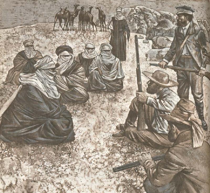 william r clark heinrich barth och hans tva europeiska foljeslagare underhandlar med ett band tuareger i sahara 1850
